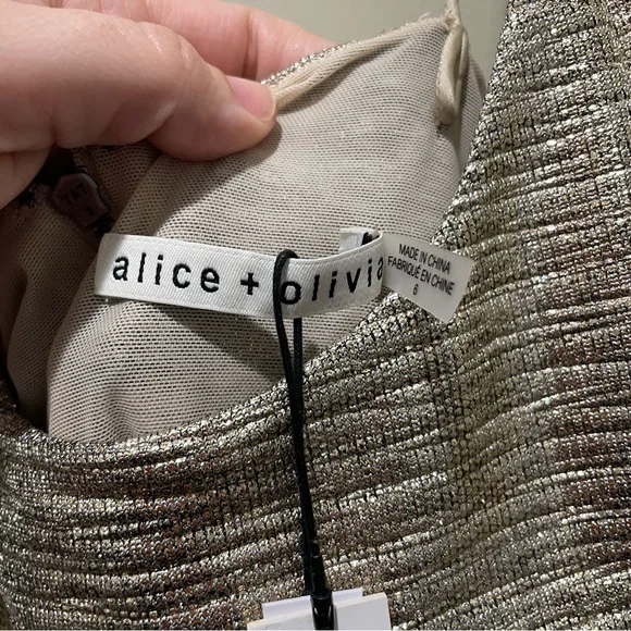 Alice + Olivia Nelle Fitted Mini Dress Champagne Metallic Bronze Size 6 New - Picture 10 of 12